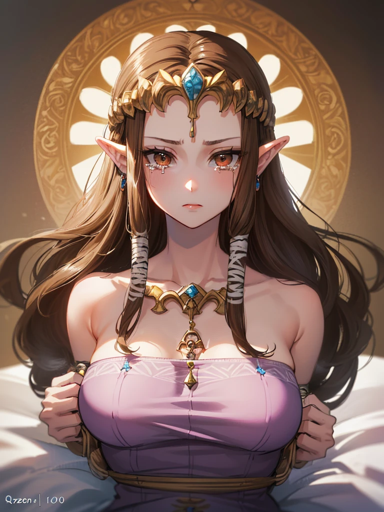 ((Very detailed and 美しい face)),()),((((Beautiful glossy lips)))),(((()))),(((chest)))),(((((Upper Body)))))),((Exposed shoulders)),((((Portrait of a Person)))),(((()))),,(()),,(Highest quality), (Very detailedな),(Very delicate and beautiful),((((())))),(Detailed face ),((dissatisfaction))),(((((Mature Woman,Queen))))),((Very beautiful portrait)),(()),,((Straight Long Hair),(()),((tears)),(((())))),((((((Part your bangs in the center)))))),((Dark brown hair)),,Princess Zelda, ((Highest quality)), (Very detailed), ,(,)),((((Whole body is restrained)))), ((At the bed)), The Legend of Zelda