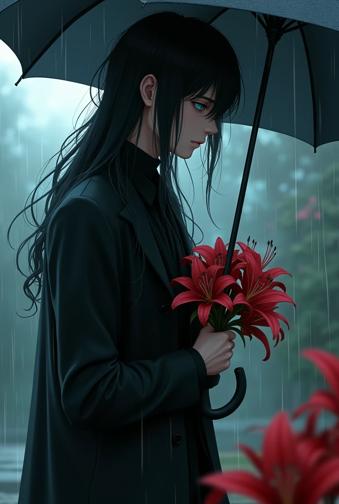 A sexy male, long black hair, teal blue eyes, delicate features, white and pale skin. In funeral, full black clothes, raining, holding an umbrella, holding flowers. Looking down. ((((Gloomy)))) (masterpiece) (ultra-detailed precision)) (pretty drawn) (pretty drawn face) (despair) (sadness) (1 male) ((sad) (close to camera) ((red death lilys) ((looking down) (sad) ((gloomy atmosphere)) (anime style) (smoky) (dark) detailed background 