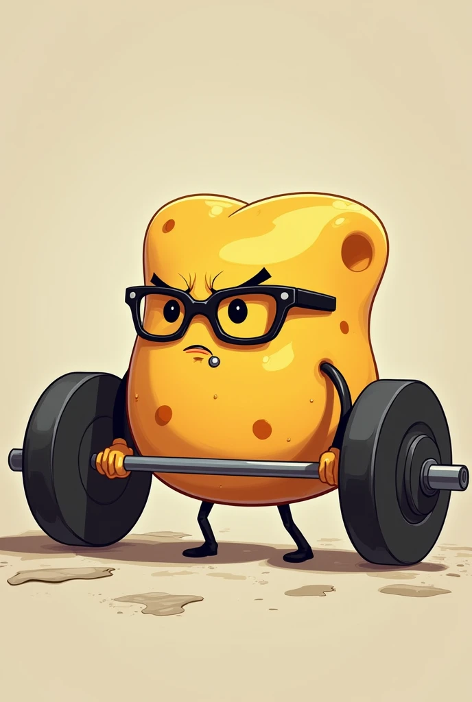 Draw a ball-shaped cheese bread with two arms lifting a gym weight. Make him wear glasses. Don&#39;t make him smile. Make him look like he&#39;s trying hard to lift the weight. Put a piercing in the cheese bread&#39;s chin. 
