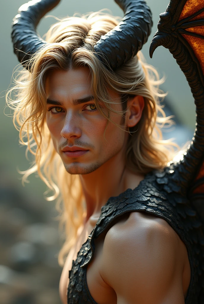 A handsome young man with a smooth, white face, shiny golden hair, golden eyes, beautiful black dragon horns, and beautiful black wings in the middle of his back.