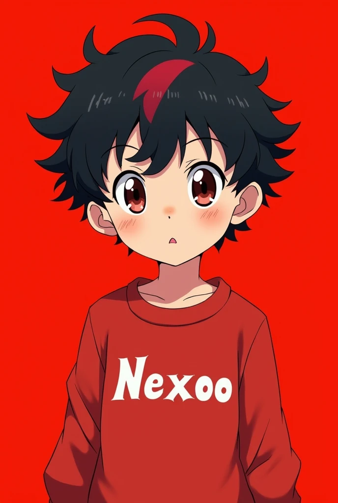 Embarrass me a he has curly hair and a red stripe in front and he should look like in an anime he has a red sweater with Nexoo written on it in white letters the background should be bright red and he has a red stripe in front the background is red he is a boy a little