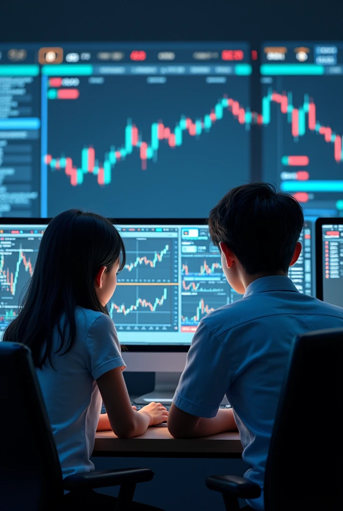 Girl and a boy trade in front of conputer, display trading diagrams on conputer, surronding wall have trading diagrams