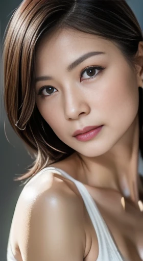 8K Ultra HD、RAWphotograph、モデルphotograph撮影、Asian race, European laces, (masterpiece, Highest quality, photoGenuineistic, High resolution, photograph: 1.3), close, focus on, Hot Model, slim, 40 year old mature woman、Small face、Shortcuts、Dark brown hair、Beautiful eyes in every detail、Genuineな肌, (Perfect body), Sexy hot face, erotic, sexual sight, slim, Sweat top, Beautiful eyes in every detail、Glossy Lips、Small breasts、、Bust B cup、((Bright light、Dynamic Lighting、Genuine、超Genuine、 Genuineism、Genuineistic details、Cool Beauty、Cool pose、Background gray、Plain gray background