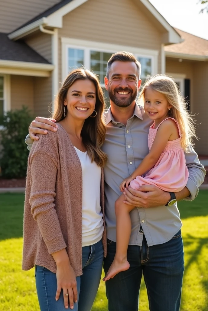 A happy suburban family stands together in front of a bright, well-maintained home in Frederick, Colorado. The family consists of a smiling mother, Shanann Watts; a father, Chris Watts; and two young daughters, Bella (4) and Celeste (3). They are posing for a family photo, with warm sunlight casting a gentle glow over them, and the lush green lawn and cozy house in the background, creating a picture-perfect family image