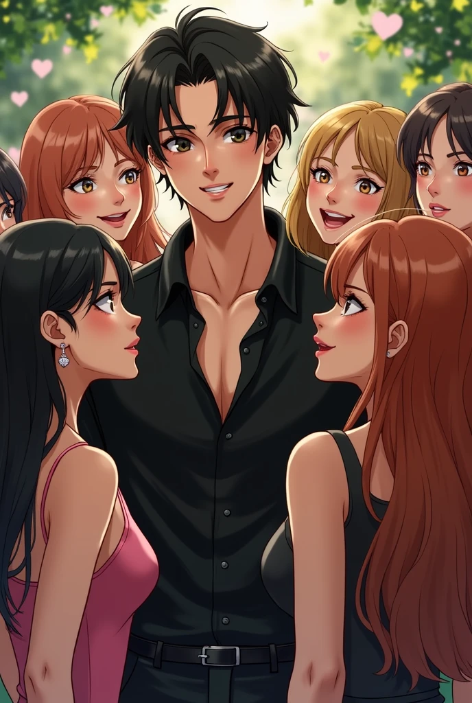 One in black with medium length black hair and smiling with several girls, who are in love with him and want to kiss him .