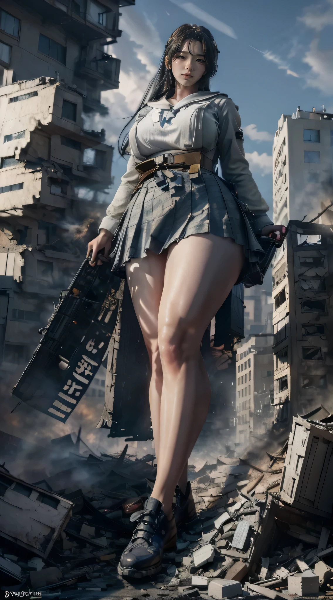 (Giantess Elements, High resolution, high quality, 32K,Accurate body structure, Detailed body), Japanese schoolgirl, Sailor suit, Towering Giant Girl, Very large breasts bigger than a face, Looking up at a woman approaching from below, giant attacks city, cute, girl Destroy a small town, Destroy a small town, Naughty look, Japanese, White skin, smile, trampling buildings, rubble, Burning Small Town, destroyed small building, Collapsed highway, Cars are crushed, Evacuation of residents, sunset, Burning Small Town, please, walk, Trampling, Anatomically correct, Accurate human body, Accurate skeleton, Full body portrait, blue eyes, rubble scattered at feet, taller than a skyscraper, Major impact, wonderful, Giantess Elements, Draw a woman in a big way, The rise of disruptors, making city smaller, rampage, city, building,