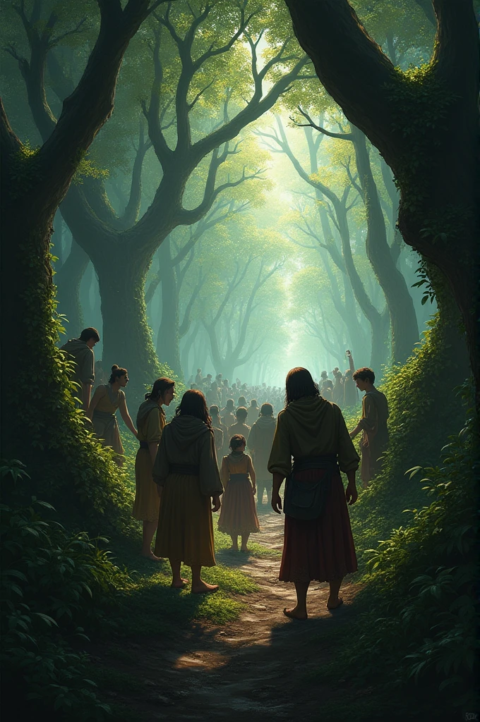 Laila’s Disappearance": "Illustrate a dramatic scene of villagers organizing and mobilizing a search for Laila. Show the confusion and urgency among the villagers, with some calling out her name and others combing through the woods. The forest should be dense and foreboding, reflecting the difficulty of the search."