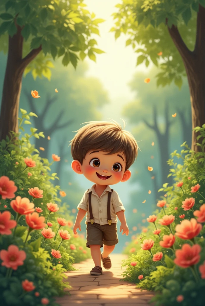 A cute and charming boy with silky hair walking in a beautiful garden and enjoying himself 