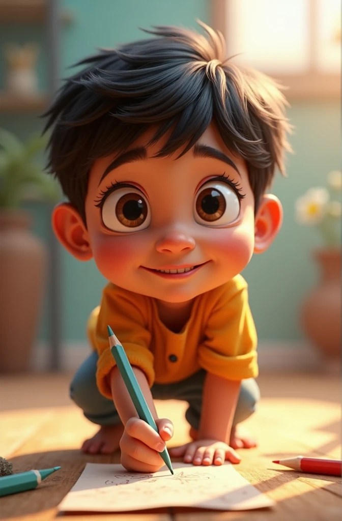 

2. **Chandu**: A young, enthusiastic boy with a curious expression, holding a pencil.