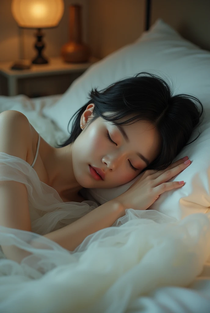 (photo:2.0),realistic skin detail,asian beauty,1girl,realistic,lying,on side,closed eyes,short hair,see-through,sleeping,indoors,bed