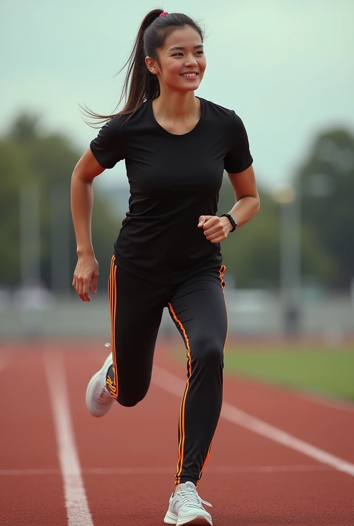 Black tshirt and black pyjama with orange stripes for running with sports shoes of 1930s for women