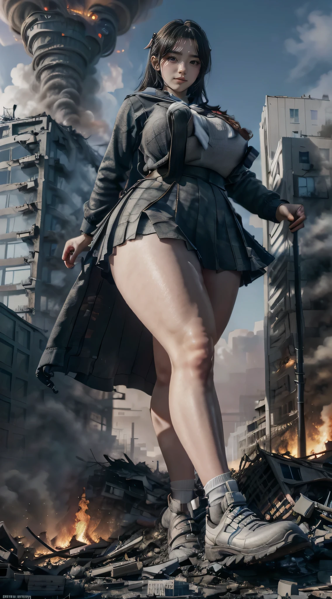 (Giantess Elements, High resolution, high quality, 32K,Accurate body structure, Detailed body), Japanese schoolgirl, Sailor suit, Towering Giant Girl, Very large breasts bigger than a face, Looking up at a woman approaching from below, giant attacks city, cute, girl Destroy a small town, Destroy a small town, Naughty look, Japanese, White skin, smile, trampling buildings, rubble, Burning Small Town, destroyed small building, Collapsed highway, Cars are crushed, Evacuation of residents, sunset, Burning Small Town, please, walk, Trampling, Anatomically correct, Accurate human body, Accurate skeleton, Full body portrait, blue eyes, rubble scattered at feet, taller than a skyscraper, Major impact, wonderful, Giantess Elements, Draw a woman in a big way, The rise of disruptors, making city smaller, rampage, city, building,