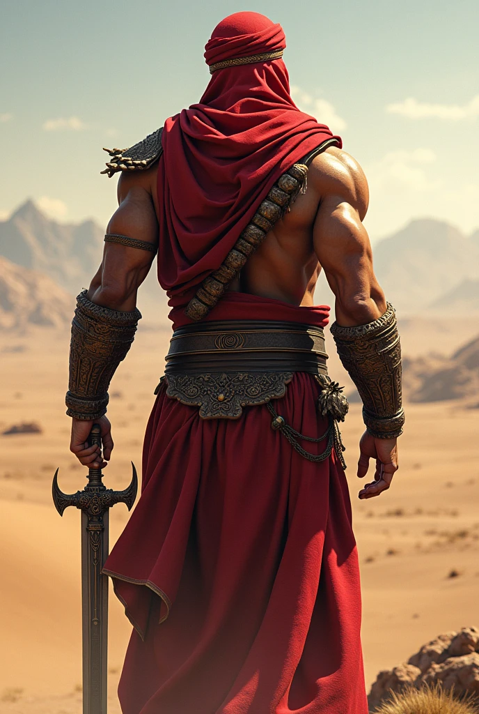A man as a warrior, Islamic influence, with red headgear and a sword in his hand which has 2 spikes, seen from behind. You can't see his face