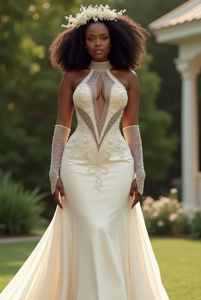 The Woman’s measurement is
Hips :41
Bust: 36
Waist: 29
Height: 5’3
She is black, dark skin, 5’3, short but with curves. Her hair is in a coily Afro and she has a flower crown made of baby’s breath.
She is wearing an ivory silk wedding dress in a column style. No train.
The bodice of the dress is covered in a light beaded mesh fabric.
The mesh fabric goes around her neck in an halter neck.
She is wearing gloves that reach up to her elbow in the same beaded mesh fabric.