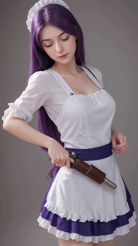 European girl.  Facial details.  Delicate facial features.  Half-closed eyes.  blue eyes.  Long Straight Hairstyle. Purple Hair.  A calm face. ((Dynamic pose)). (Maid clothes). Beautiful thighs. Beautiful bust. Beautiful background. ((Has big weapons))