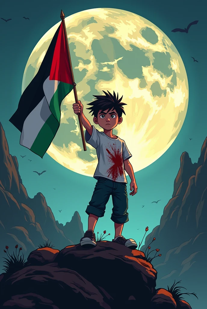 A poster with the name Fizan written on his shirt. A cartoon animation of a handsome boy in a bloody shirt holding a Palestinian flag on a rock with a moon background with a angry face