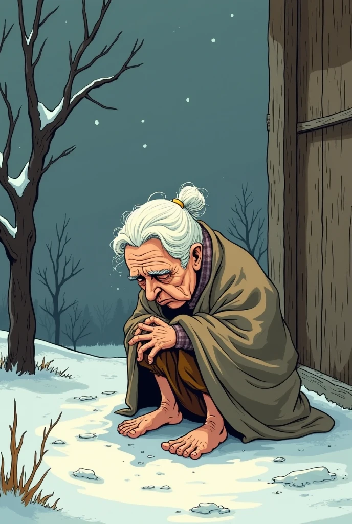 Cartoon image of cold winter sky, The old lady has no warm clothes to wear., no socks to wear, sitting shivering in a corner of the house