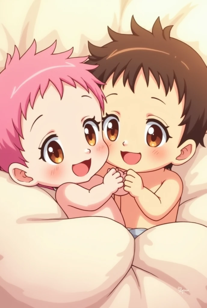 Jujutsu Kaizen screenshot. Pink-haired baby with brown eyes, happy and tender next to another brown-haired baby with brown eyes