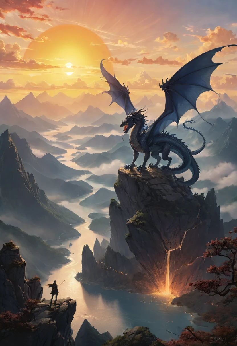 antasy art, dnd art, RPG art, wide shot, (masterpiece: 1.4) a silhouette of a dragon that spread his wings on top of a mountain as the sun rises at dawn behind him. reflection light, high details, best quality, 16k, [ultra detailed], masterpiece, best quality, (extremely detailed), the sun (cast a shadow behind the dragon: 1.5), sun rays, clouds, ultra wide shot, photorealistic, RAW, fantasy art, dnd art, fantasy art, realistic ar