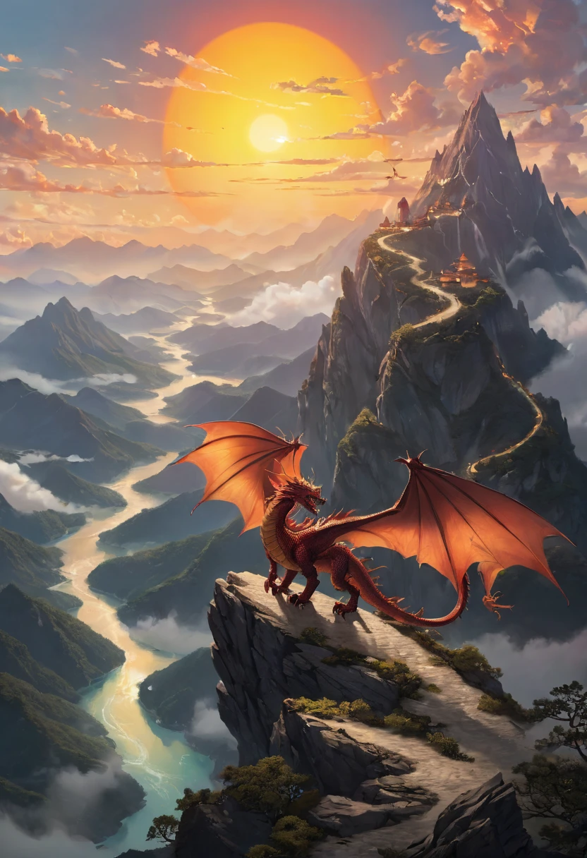 antasy art, dnd art, RPG art, wide shot, (masterpiece: 1.4) a silhouette of a dragon that spread his wings on top of a mountain as the sun rises at dawn behind him. reflection light, high details, best quality, 16k, [ultra detailed], masterpiece, best quality, (extremely detailed), the sun (cast a shadow behind the dragon: 1.5), sun rays, clouds, ultra wide shot, photorealistic, RAW, fantasy art, dnd art, fantasy art, realistic ar