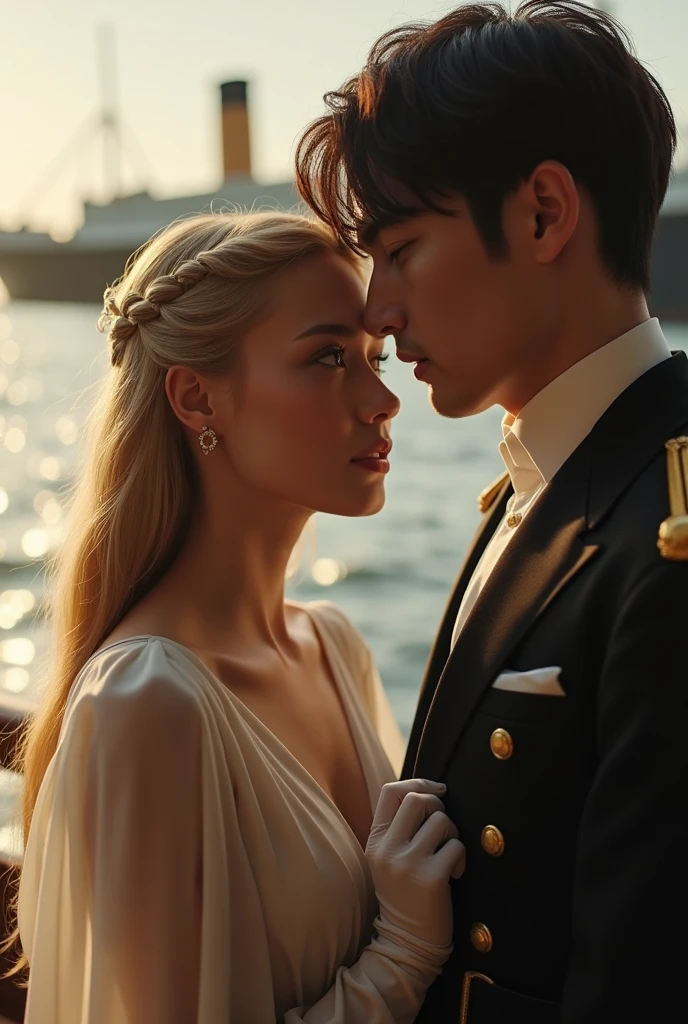 A movie clip and titanic movie couple of beautiful looking Estonian young adult girl as 2 and 167 cm and is wearing dyed blonde long straight hair , have upper narrow lips , have oily skin and have silver eyes and is have arched Brown eyebrows and have square shaped face and low cheekbones and symmetrical face and is wearing white long city girl dress with gloves and is titanic movie character Rose and is  couple in titanic ship in 1912 era an Asian looking South Korean man as handsome looking man and is 40 years old wearing dyed black short hair and have brown eyes wearing white shirt and black long military trousers and is titanic movie character Jack