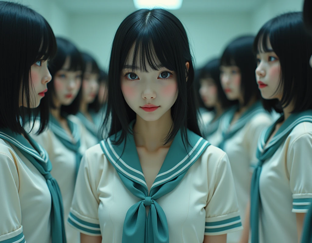 (Japanese Clone-girls=Myself), (Super Best masterpiece Clone-girls Raw Photography Art), (16K, Highest quality, Ultra-high resolution, RAW Photos), (It's so unrealistic., With unparalleled depiction, With an unfathomable sight, An unprecedented and shocking worldview, Clone-girls: In a world of mass reproduction, Ultra-realistic), (Japanese Girls, 16yo, Small face, Thick black hair, long hair, Dark Eyes, Mature face, かわいいsmile, Smiling face, A gentle gaze, Very pleasant look), (Very beautiful detailed girls, Accurate body structure, Accurate body movements, Very detailed body, (Super big breasts, Large bulge of ample breasts)), (Schoolgirl uniform, Short sleeve, mini skirt, Emphasise the fullness of your breasts), (Very detailed, Myself cloning, Depiction of splitting oneself, 1Myself girl→1,000,000,000,000,000,000,000,000,000,000Myself cloning girls), (Very detailed and intricate, Myself clone-girlsから, Myself's body is multiplying, A perfectly matched depiction, (In the same female body,With the same face, With the same hairstyle, In the same clothes, At the same height, 同じSuper big breasts)), (Myself girls only), Academy, gym, stage, academic level, Commemorative photo depiction, Group photo, Tiered stage photography, smile