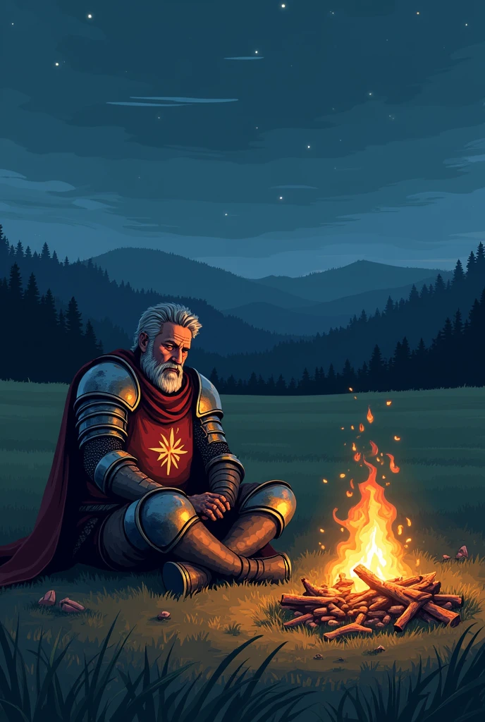 Realistic pixel battered knight resting by the campfire in a field at night