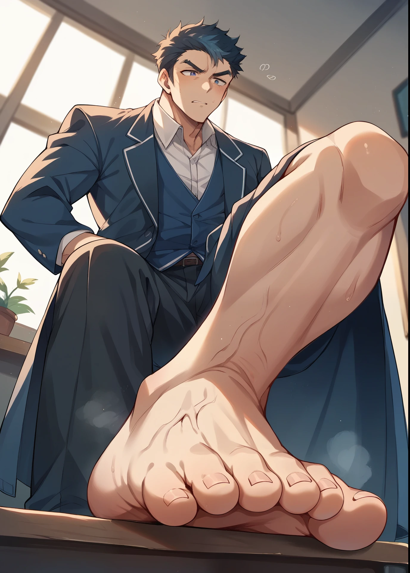 School boy showing stinky feet low angle