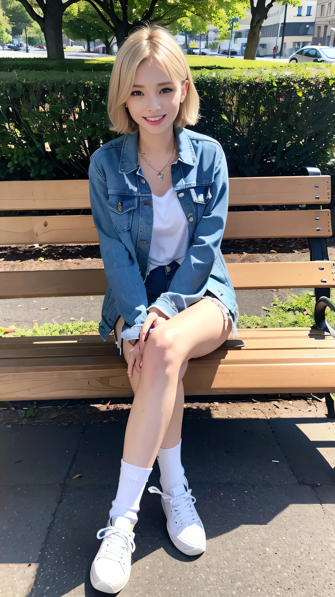 Super Resolution、Clear French woman、Full body photo、sitting on a park bench、Blonde Hair、blue eyes、Short Haircut、Wavy Hair、Ear piercing、、necklace、Denim jacket、shirt、Skinny jeans、sneakers、I'm wearing black socks.、smile、Beautiful teeth alignment
