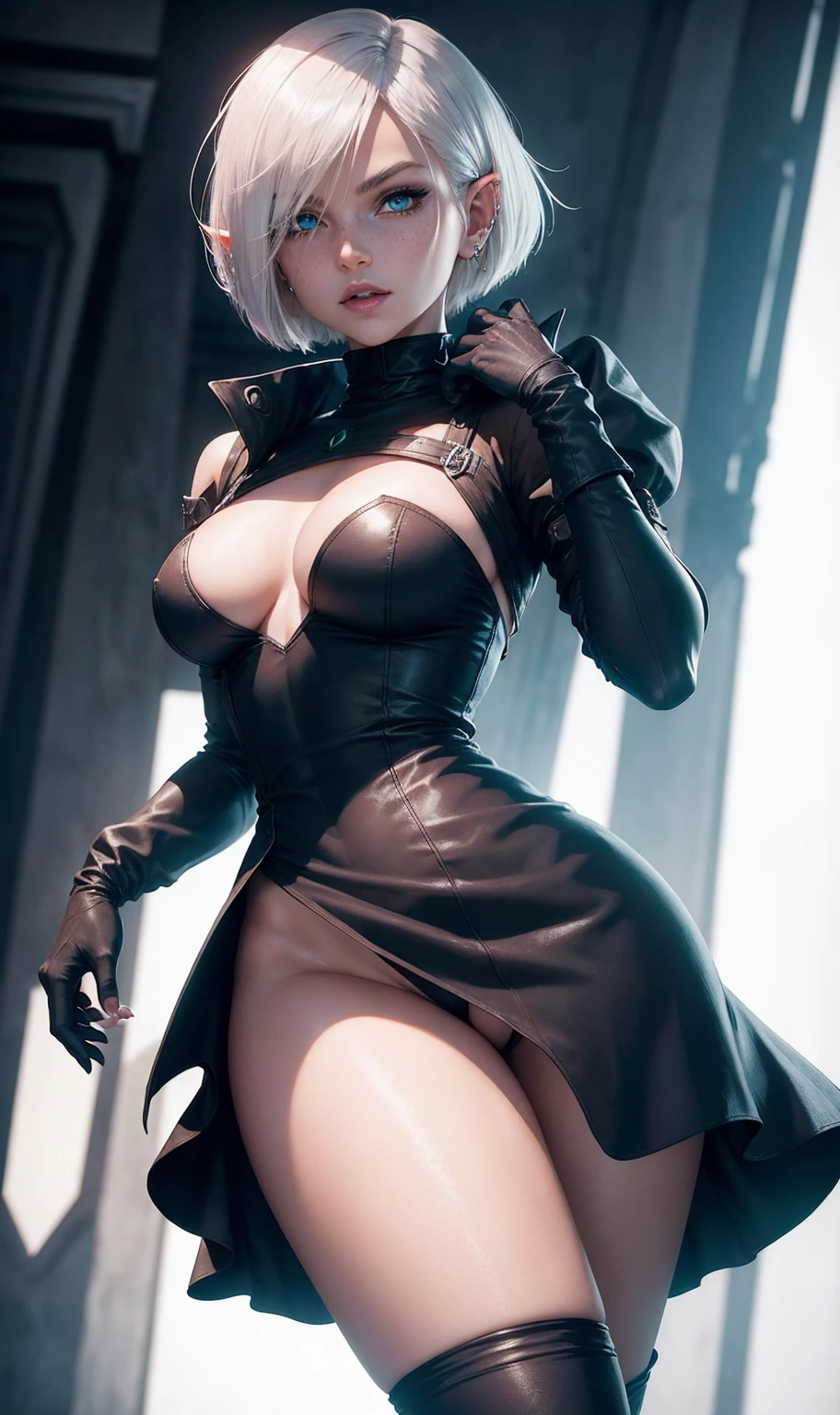 android 18,Yorha 2B,marker,y'shtola rhul, Lord of the Rings,warcraft,close up,winter forest,magical elf forest,rune tattoos,Royal green and gold suit,forest elf short sleeve leotard,royal elf cape,forest elf armor,micro shorts de lycra,Short elf hair,war makeup,blue colored eyes,multicolored silver hair,long elf gloves,sorriso sexy,freckles,beautiful girl,tall elf boots,breasts big,8k,ultra detaild,realisitic,Fantasyart,viking armor,clip,ear piercings,(climate:rainny),1 girl,elf ears,holding an elf dagger,