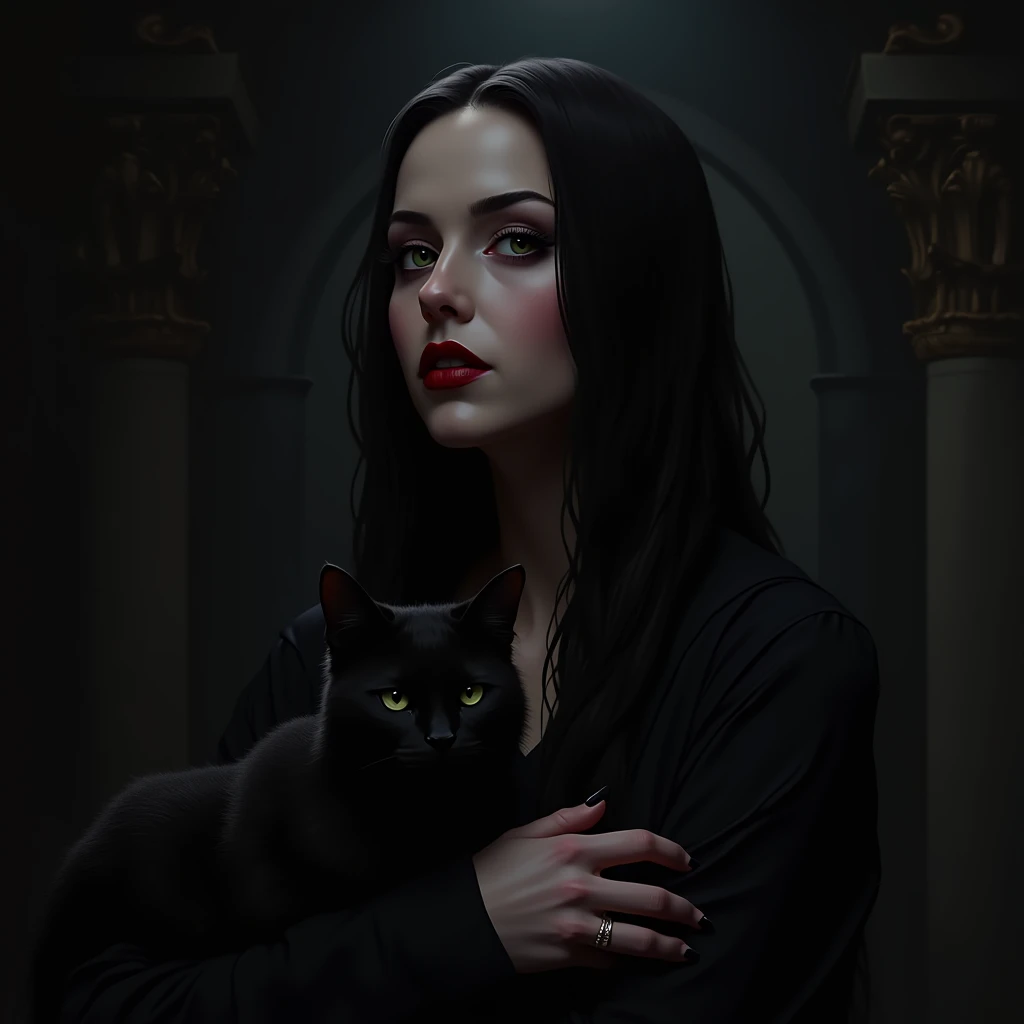 araffe woman with black hair and black dress holding a black cat, morticia addams, raven black hair, addams, raven, the addams family, amy adams as morticia addams, raven hair, elvira in tattered clothes, villainess has black angel wings, raven black, portrait of raven, she has black hair, vampire, with claws