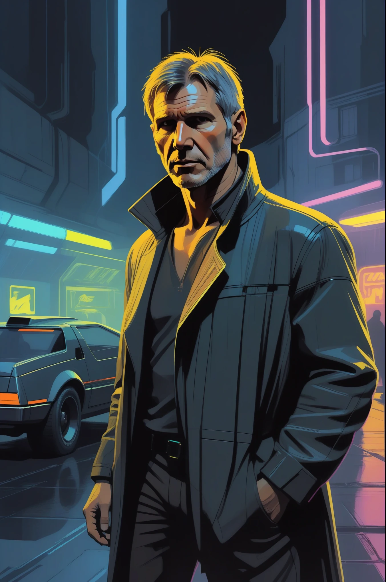 sketch, drawing of harrison ford as blade runner, flat colors, dark retro futuristic street in the background, neon lights, (cars:0.5), concept art by syd mead, 