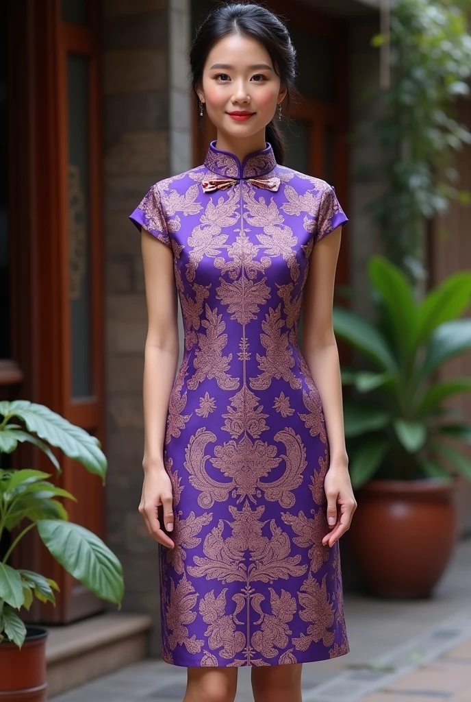 Chinese style Thai dress with purple Thai pattern, tapered and neat shape.