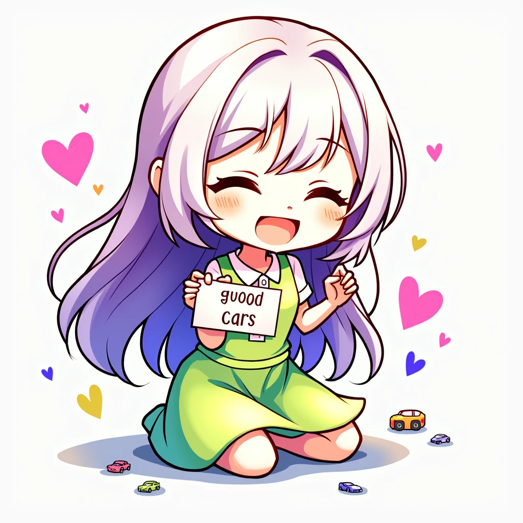 a beautiful and lovely woman holding a sign "We love cars", happiness, happy, anime illustration, realistic, painting