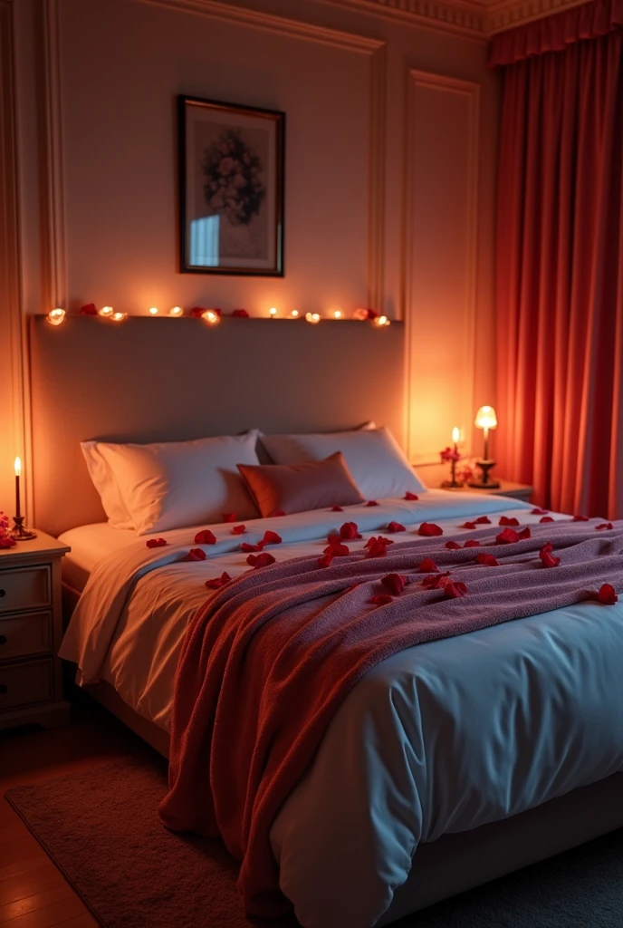 Photo réaliste,
Photo d'une chambre bien décoré pour une sainte Valentin , la nuit, avec des bougies 