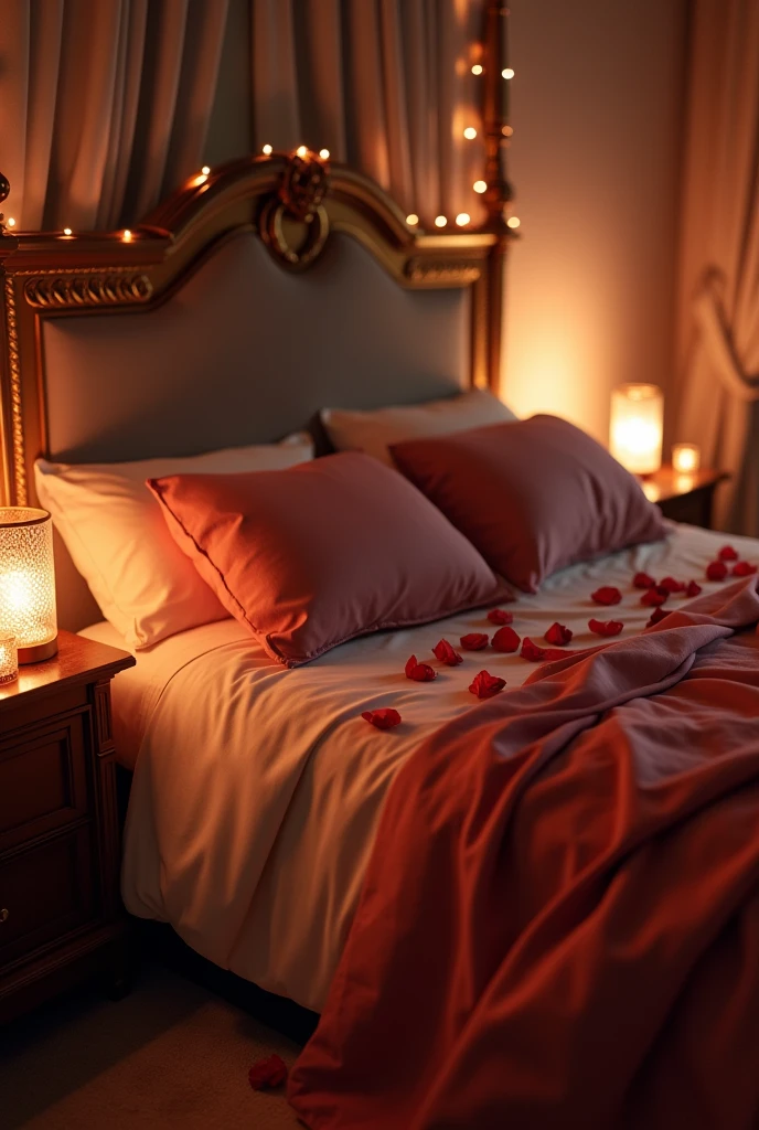 Photo réaliste,
Photo d'une chambre bien décoré pour une sainte Valentin , la nuit, avec des bougies