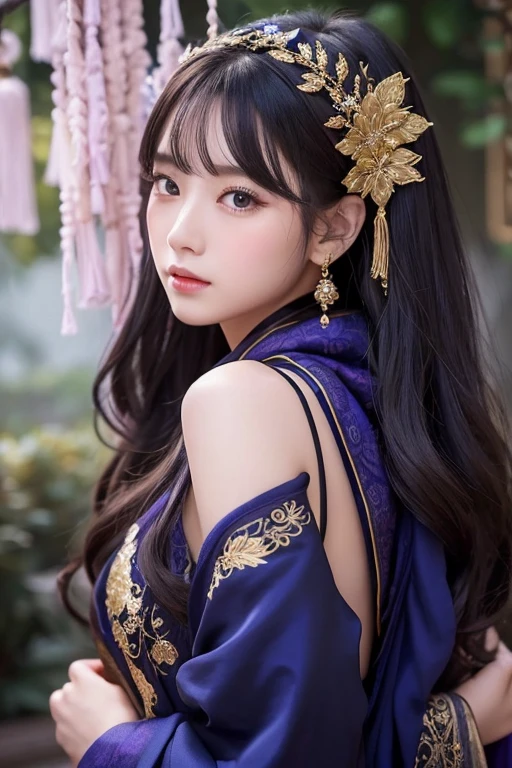 Mysterious and elegant female characters、she、He is wearing a traditional Chinese-style black robe.、It is decorated with intricate golden patterns and designs.、It exudes elegance and a mysterious atmosphere.。The robe has wide, flowing sleeves、Gives a grand and majestic impression。Her face is sweet and pretty、There is a faint sparkle in her large, expressive eyes.、It highlights her mysterious aura.。The character has long hair、It hangs down your back in soft waves.、It has a vibrant gradation from deep purple to bright blue.、It adds a magical element to her look.。Her hair is partially covered by her hood.、The hood is decorated with intricate gold embroidery.、Tiny jewels are adorned。Also、The hood is decorated with dangling tassels and beads.、It adds to the royal and mysterious look of the character.。Her posture is refined、Elegance is felt。The overall atmosphere of the image、It is surrounded by sacred beauty and magical mystery.、The female characters seem to embody otherworldly power and grace.