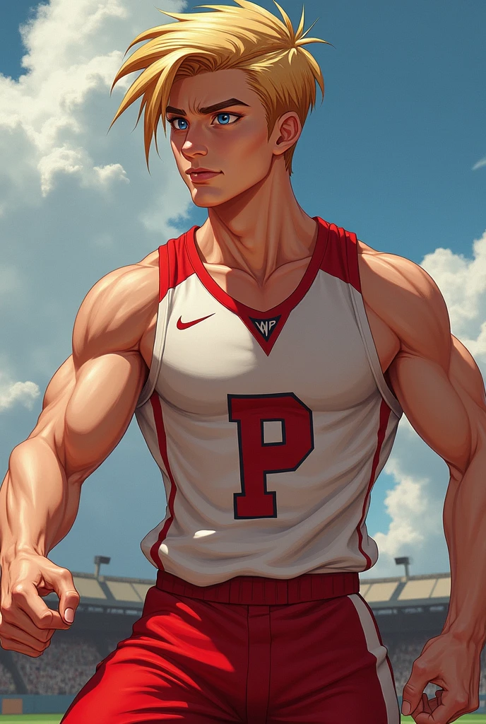 He is a teenager with an athletic male body, a toned and sculpted body, straight blonde hair, a toned and muscular body and hair thrown to the side, which is a great charm for women., piercing gaze and the color of his blue eyes picina, man's face and impeccable posture and wears a uniform with red and white on the team jacket and an acronym of the school's name is the letter P for team like the United States, but he likes to run after those who don't want him!. Show me in a more realistic way and in human form. With a half chad face.