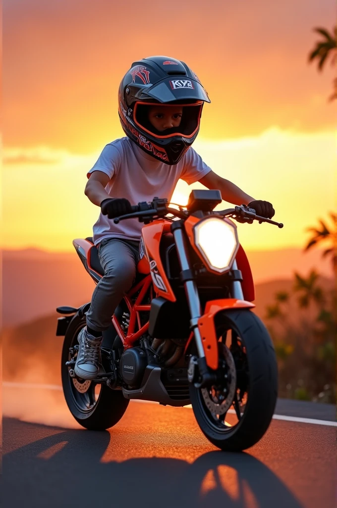 A boy in modified KTM RC 200, bang written in its fearing, kyt helmet, white T-shirt, grey track, converse shoes, beautiful view of sunset around the hills