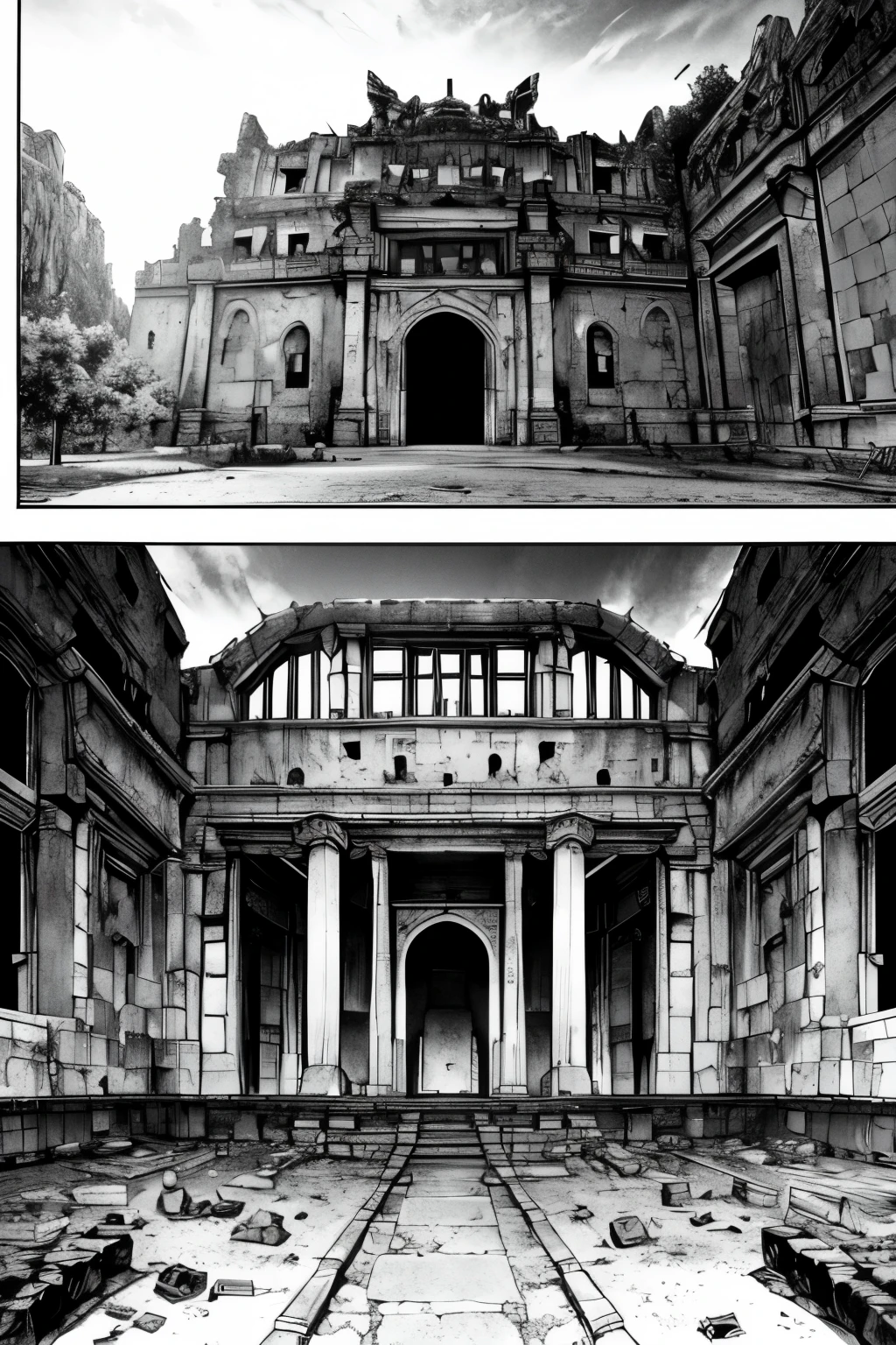 In line art, manga style. a hall of a ruined castle. Destructive ruins
