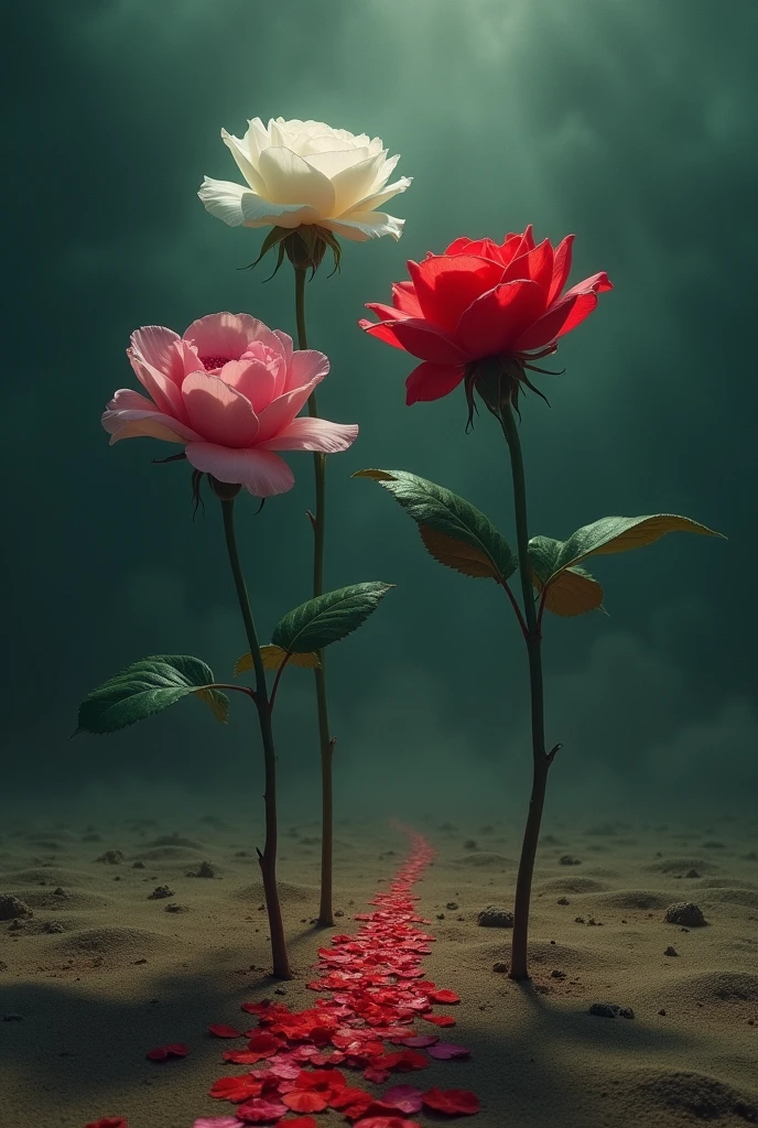 3 flowers(one red one pind one white) standing in arid desert, nightmare view darkness everywhere. The white rose are the longest and the biggest and strongest between the trio. The pink rose are the most fragile but also the most illuminated in this dark scene . The red rose are the most beautiful and her red petal show a path in this night mare scene. Dreamlike view