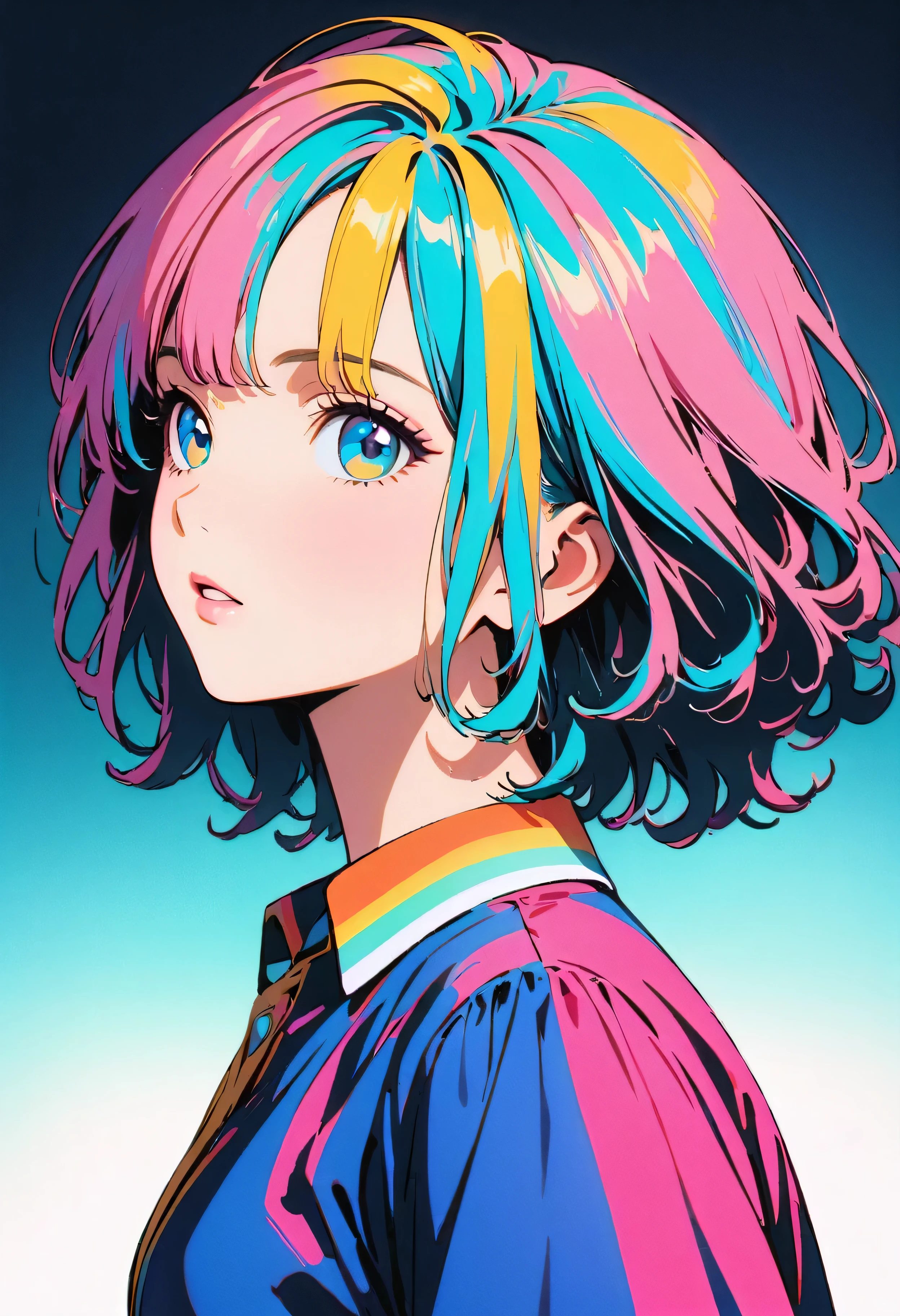 (Highest quality:1.2, City Pop Style, Very detailed, Latest, Vibrant, High Contrast, masterpiece:1.2, Highest quality, Best aesthetics), , ((Face Up Shot:1.4)), Colorful Hair, pastel colour, 1980s style, ((Retro, Vintage, Plain background)), dynamic, Full Body Shot