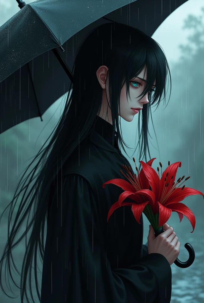 A sexy male, long black hair, teal blue eyes, delicate features, white and pale skin. In funeral, full black clothes, raining, holding an umbrella, holding flowers. Looking down. ((((Gloomy)))) (masterpiece) (ultra-detailed precision)) (pretty drawn) (pretty drawn face) (despair) (sadness) (1 male) ((sad) (close to camera) ((red death lilys) ((looking down) (sad) ((gloomy atmosphere)) (anime style) (smoky) (dark) detailed background. (Excellent quality)