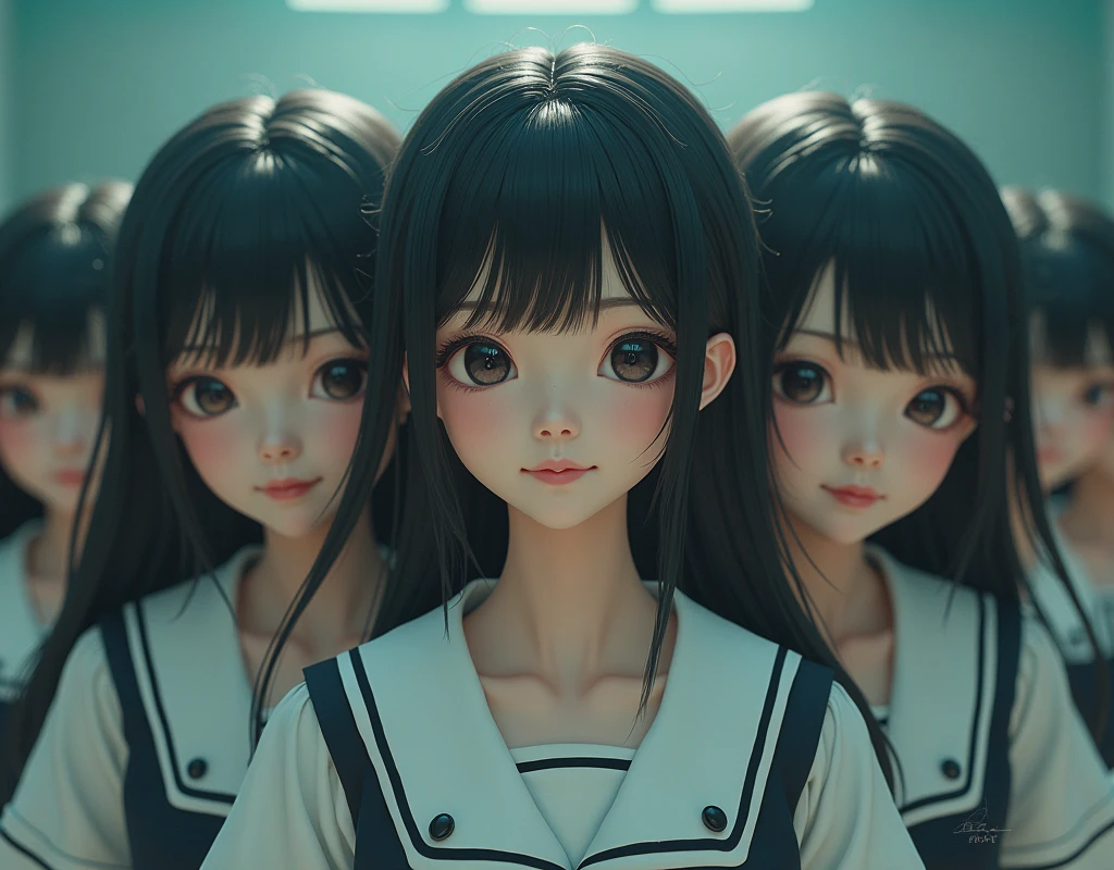 (Japanese Clone-girls=Myself), (Super Best masterpiece Clone-girls Raw Photography Art), (16K, Highest quality, Ultra-high resolution, RAW Photos), (It's so unrealistic., With unparalleled depiction, With an unfathomable sight, An unprecedented and shocking worldview, Clone-girls: In a world of mass reproduction, Ultra-realistic), (Japanese Girls, , Small face, Thick black hair, long hair, Dark Eyes, Mature face, かわいいsmile, Smiling face, A gentle gaze, Very pleasant look), (Very beautiful detailed girls, Accurate body structure, Accurate body movements, Very detailed body, (Super big breasts, Large bulge of ample breasts)), (Schoolgirl uniform, Short sleeve, mini skirt, Emphasise the fullness of your breasts), (Very detailed, Myself cloning, Depiction of splitting oneself, 1Myself girl→1,000,000,000,000,000,000,000,000,000,000Myself cloning girls), (Very detailed and intricate, Myself clone-girlsから, Myself's body is multiplying, A perfectly matched depiction, (In the same female body,With the same face, With the same hairstyle, In the same clothes, At the same height, 同じSuper big breasts)), (Myself girls only), Academy, gym, stage, academic level, Commemorative photo depiction, Group photo, Tiered stage photography, smile