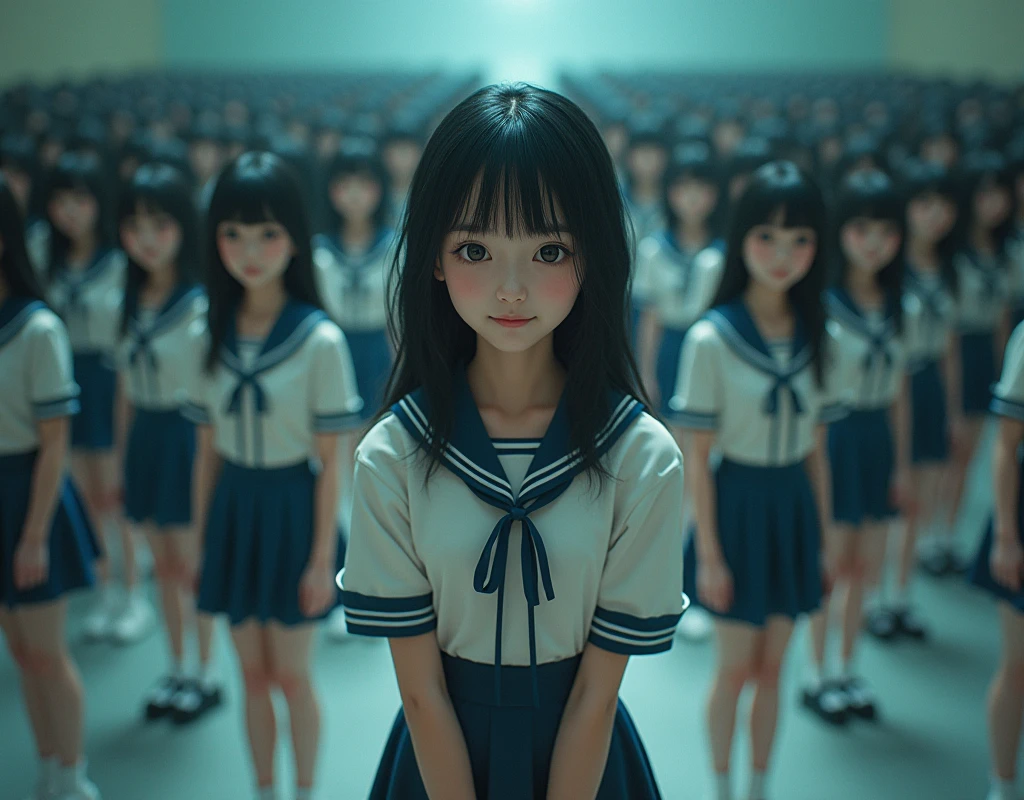 (Japanese Clone-girls=Myself), (Super Best masterpiece Clone-girls Raw Photography Art), (16K, Highest quality, Ultra-high resolution, RAW Photos), (It's so unrealistic., With unparalleled depiction, With an unfathomable sight, An unprecedented and shocking worldview, Clone-girls: In a world of mass reproduction, Ultra-realistic), (Japanese Girls, 16yo, Small face, Thick black hair, long hair, Dark Eyes, Mature face, かわいいsmile, Smiling face, A gentle gaze, Very pleasant look), (Very beautiful detailed girls, Accurate body structure, Accurate body movements, Very detailed body, (Super big breasts, Large bulge of ample breasts)), (Schoolgirl uniform, Short sleeve, mini skirt, Emphasise the fullness of your breasts), (Very detailed, Myself cloning, Depiction of splitting oneself, 1Myself girl→1,000,000,000,000,000,000,000,000,000,000Myself cloning girls), (Very detailed and intricate, Myself clone-girlsから, Myself's body is multiplying, A perfectly matched depiction, (In the same female body,With the same face, With the same hairstyle, In the same clothes, At the same height, 同じSuper big breasts)), (Myself girls only), Academy, gym, stage, academic level, Commemorative photo depiction, Group photo, Tiered stage photography, smile