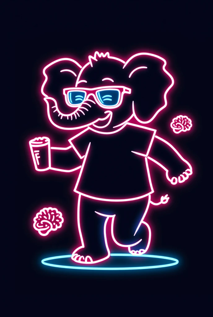 A minimalistic neon-style emblem featuring an elephant outlined with neon lines, wearing a Tuffi T-shirt, holding a beer, and dancing. The elephant is dressed in 70s, 80s, or 90s fashion with trendy glasses. The design is purely an outline with no detailing, surrounded by simple brain icons also outlined in neon, suggesting a psychological theme. The emblem has plenty of open space for adding large text, set against a dark background for a vibrant, party-ready look.

