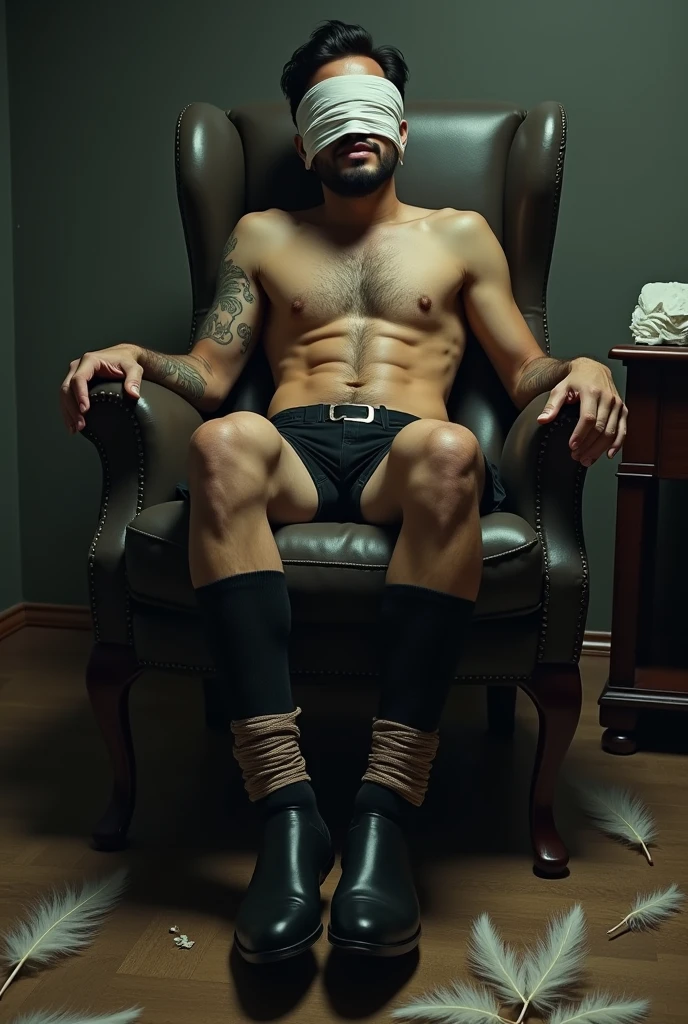 There is a handsome artist from Malaysia named Zarul tangan,legs with black socks tied tightly to the chair and eyes covered with a cloth The kidnapper took off Zarul's shoes and tickled Zarul's soles with chicken feathers and Zarul laughed with amusement