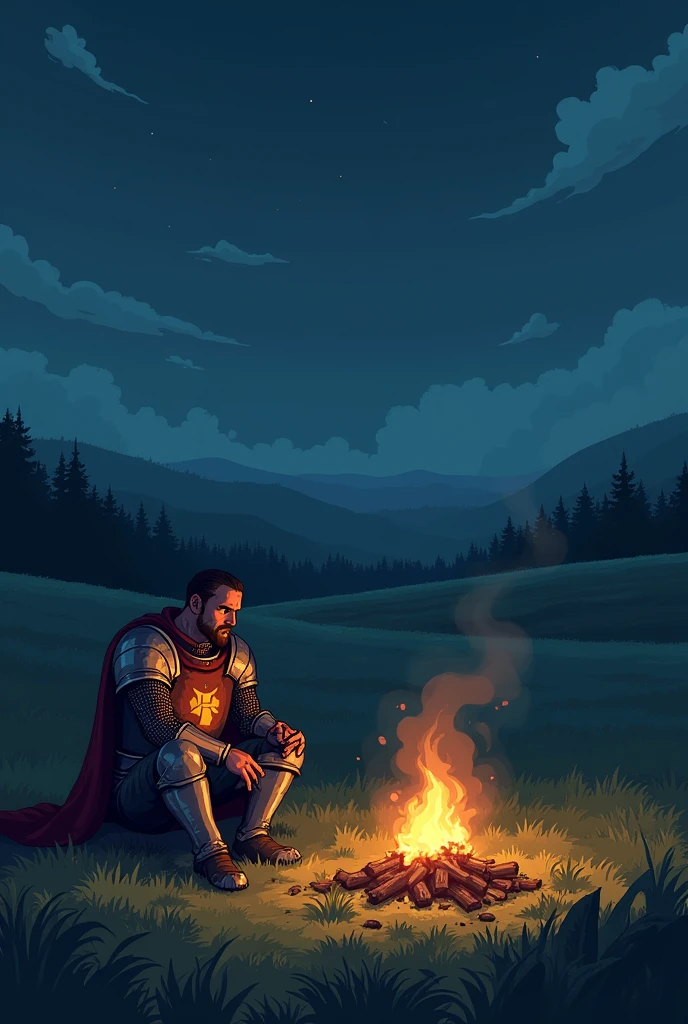 Realistic pixel battered knight resting by the campfire in a field at night