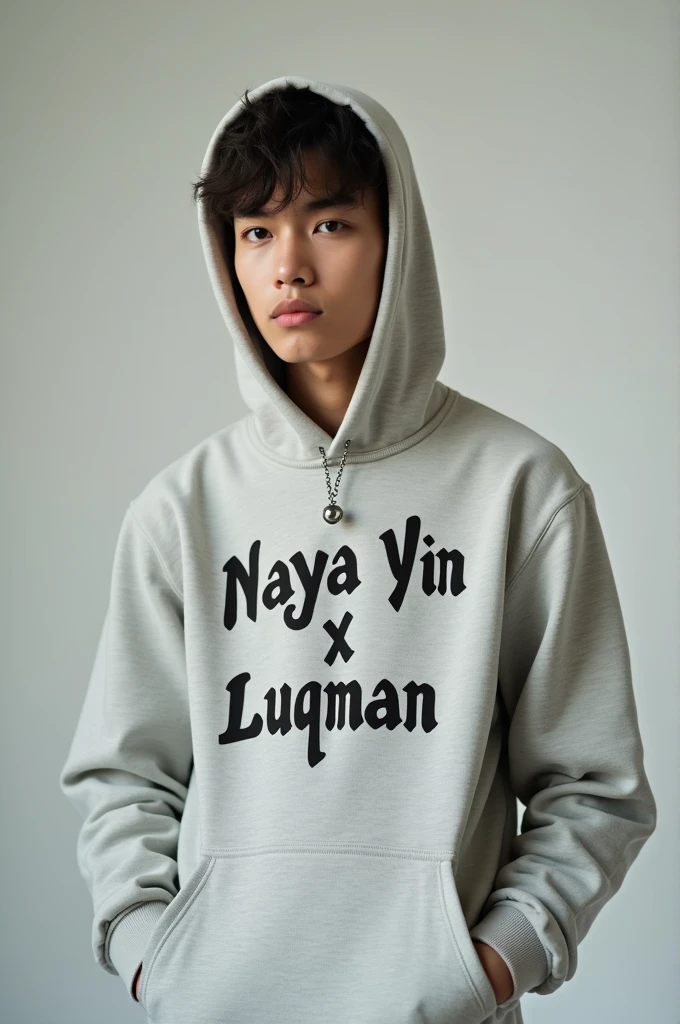 There is a man wearing a hoodie with Naya Yin X Luqman written on his shirt
