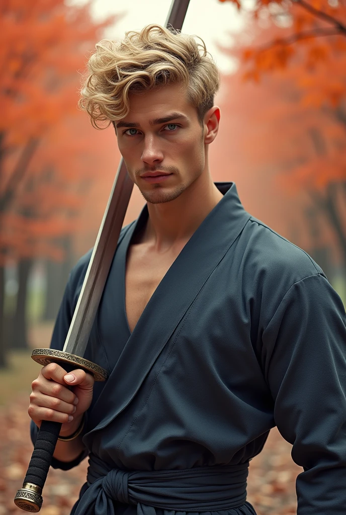 He is a young man in his 20s with an athletic, manly body., Curly blonde hair with a side-swept haircut, This is a big attraction for women., Sharp gaze and blue eyes, Athletic body and perfect posture,Kendo uniform、Japanese sword、Autumn in Japan、dreamy、high resolution、Three-dimensional、A fleeting smile、White、Englishman、No beard、Hold the sword in front、Laugh a little